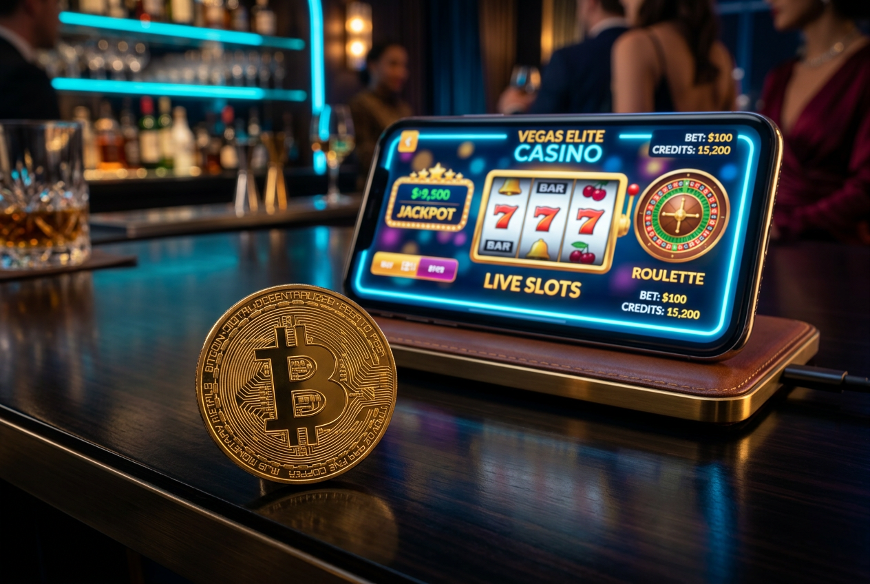 A glowing Bitcoin coin placed next to a modern smartphone displaying a casino app.