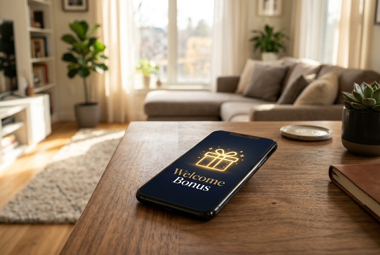 A modern smartphone showing a golden digital gift box on its screen, placed on a high-end office desk.