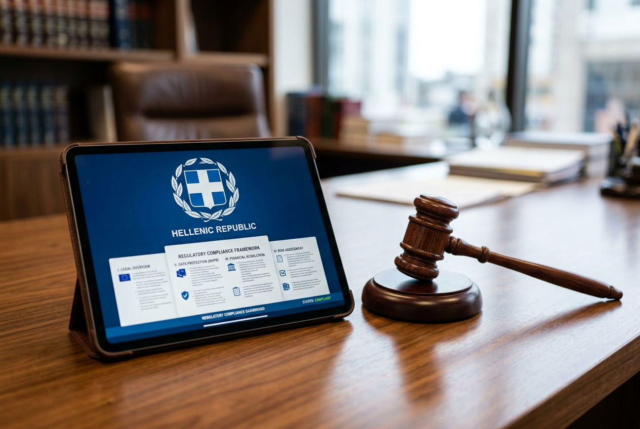 Conceptual image of a gavel and a digital tablet representing Greek gambling regulations.