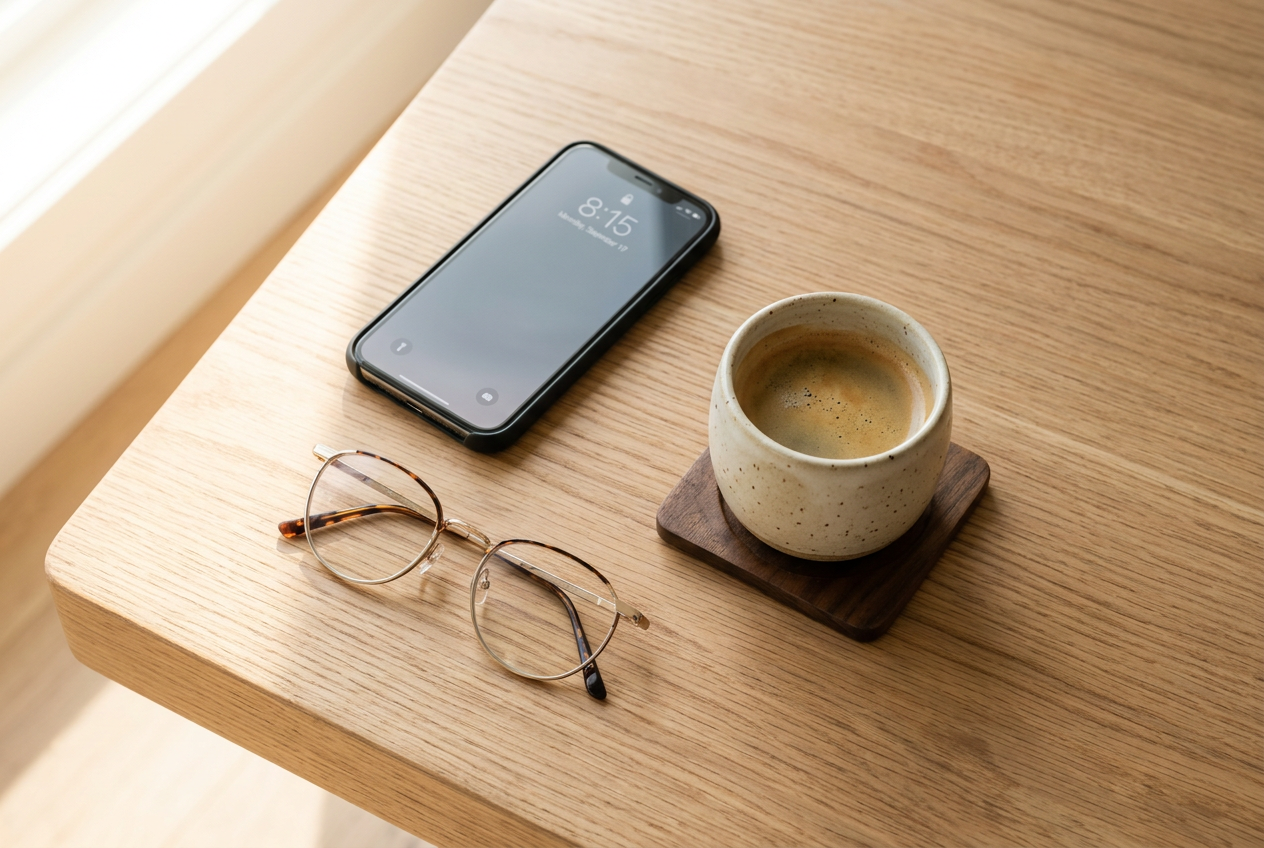 A peaceful workspace with a phone and glasses representing control and safety.