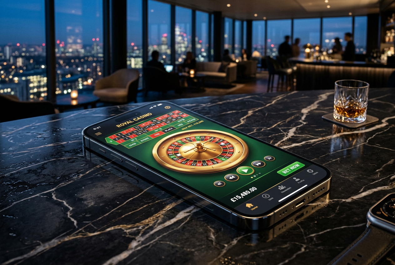 A premium smartphone showing a high-stakes casino app with gold details.