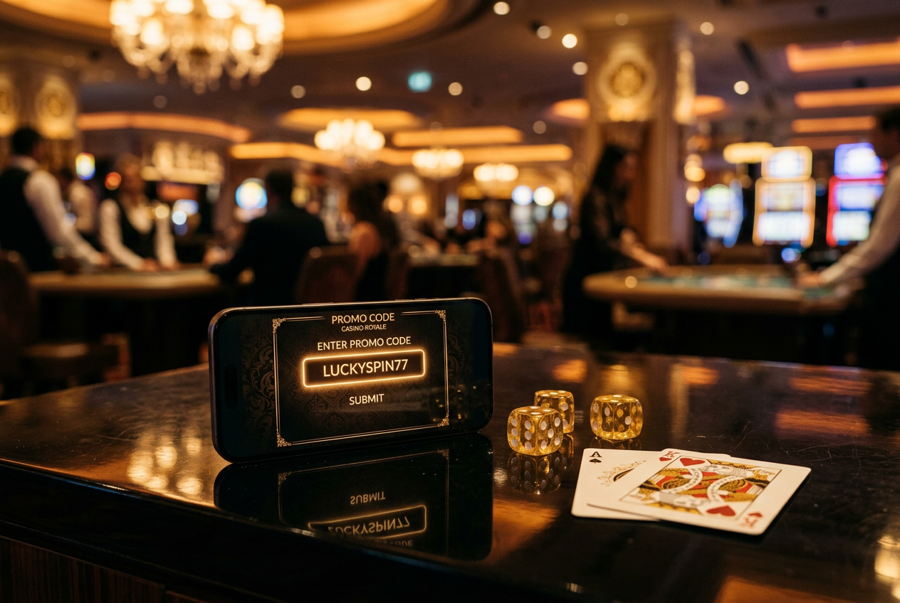 A digital display showing casino promo codes and luxury gaming items.