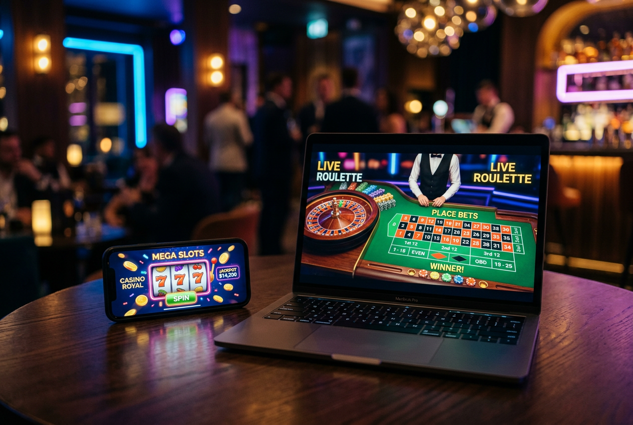 Digital interface of a high-end international online casino showing slots and card games.