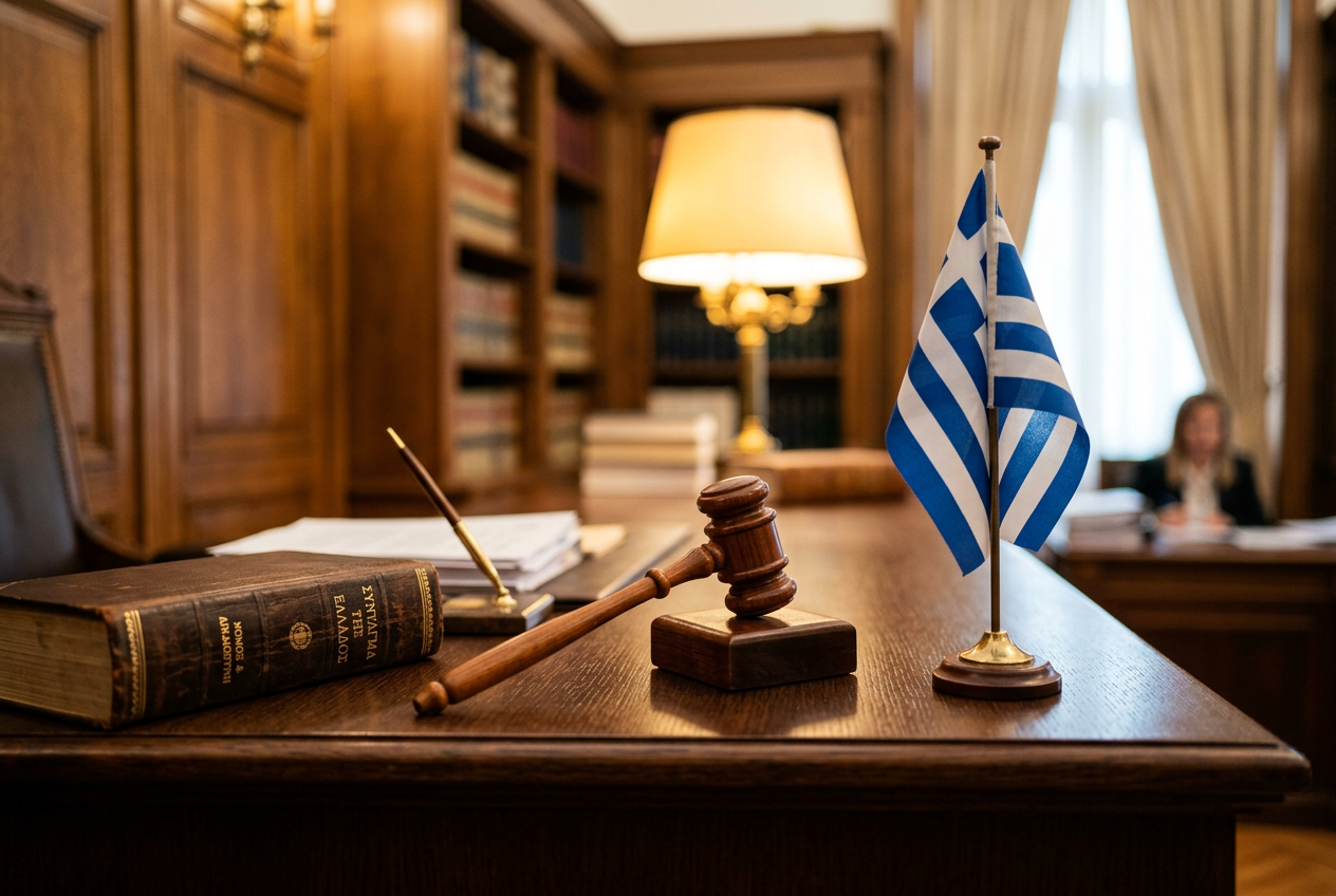 Legal books and a gavel representing the Greek regulatory environment.